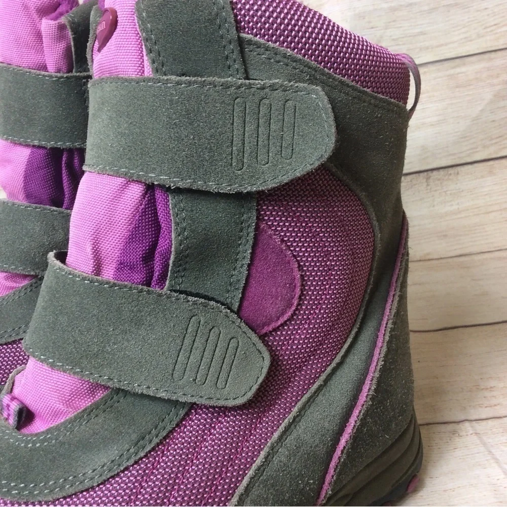 L.L. Bean, pink/gray suede leather snow boots. Kid size 5.